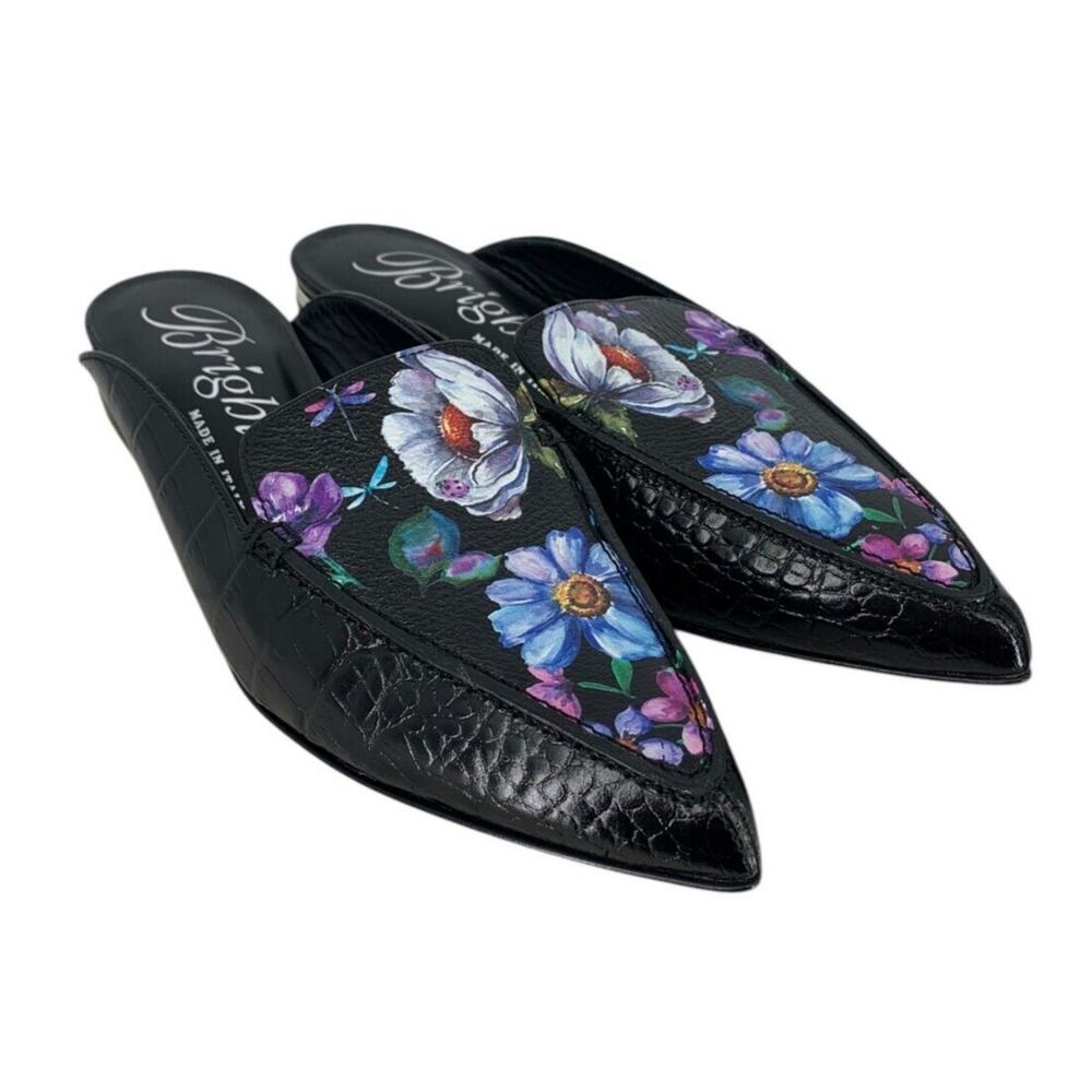 Brighton Everly Mules NEW Croc Embossed Black Floral Size 6.5 Italy $250